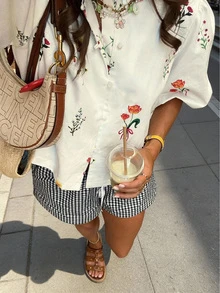 女士休闲度假印花短袖衬衫，沙滩白色夏季 - 白色 - 查看 3