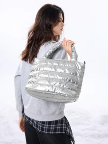 DareSee 1pc Quilted Solid Color Tote Bag For Women, Large Capacity Foldable Zipper Closure Casual Tote, Winter Design Music Fest Back To School - Silver - View 3
