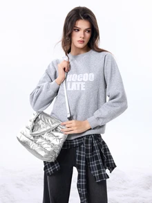 DareSee 1pc Quilted Solid Color Tote Bag For Women, Large Capacity Foldable Zipper Closure Casual Tote, Winter Design Music Fest Back To School - Silver - View 4