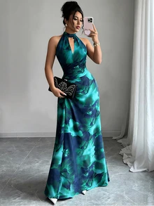 HOMEYEE 女士优雅性感镂空荷叶边印花鸡尾酒会长裙，适合度假婚礼春季穿着 - 寶藍色 - 查看 2