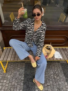 Buzzelle 女士休闲时尚黑白斑马纹长袖衬衫上衣，春夏度假装 - 黑 - 查看 5