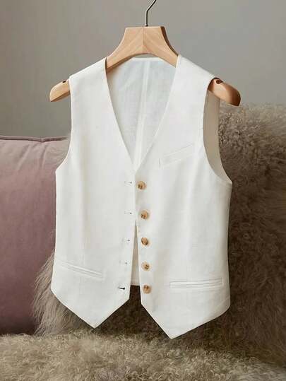 女士纯色V领单排扣休闲百搭背心