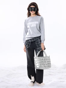 DareSee 1pc Quilted Solid Color Tote Bag For Women, Large Capacity Foldable Zipper Closure Casual Tote, Winter Design Music Fest Back To School - Silver - View 5