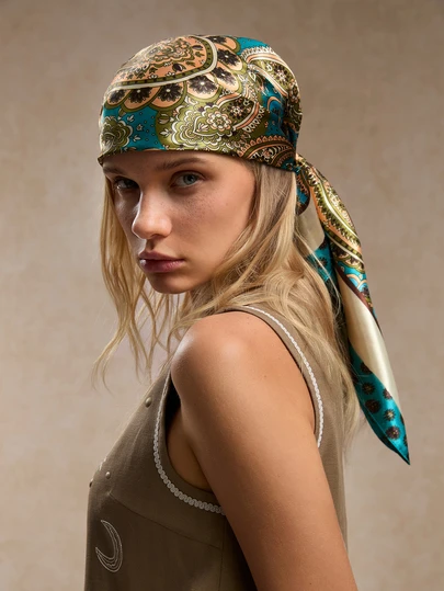 Tropiscape 1 件波西米亚复古佩斯利和碎花丝绸女士头巾围巾，轻盈透气披肩，适合春夏季休闲穿着和户外发饰波西米亚风发带秋冬头带女士度假装女士