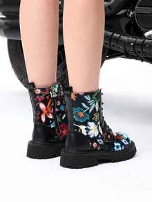 DareSee Botas de media pantorrilla con puntera redonda, cordones y cremallera lateral, tacón grueso, estilo deportivo punk, adecuadas para exteriores, hogar, festivales, otoño/invierno, nuevo material de PU suave, versátil y cómodo, con tacón plano/alto y estampado floral aleatorio, para festivales de música - Rojo - Ver 2