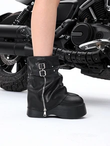 DareSee Women's Thick Sole Lace-Up Boots, Black Platform Ankle Boots With Buckle Strap, Autumn New Style Winter Gifts - Black - View 4