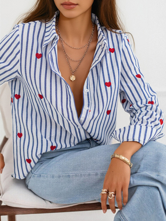 قميص نسائي طويل الأكمام فضفاض عادي بنمط قلب مخطط