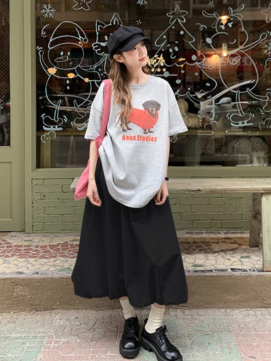 黑色碎花泡泡裙，高腰修身简约百搭A字长裙，适合冬季、圣诞节、春节新年服装 - 黑色 - 查看 1