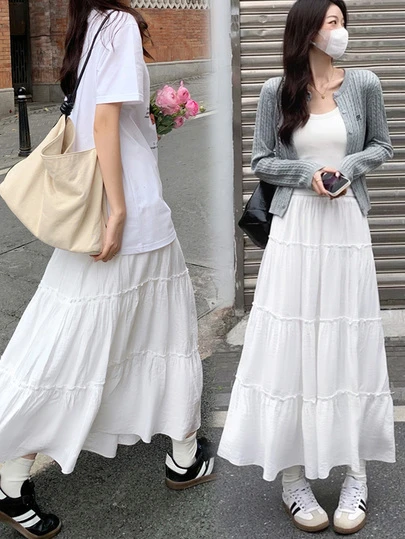 女士白色拼布蛋糕裙，A字飘逸松紧腰百褶裙，适合冬季、圣诞节、春节，可搭配针织开衫