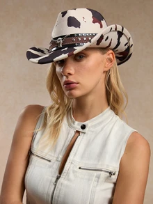 Tropiscape 1pc Unisex Polyester Cow Print Cowboy Hat - Leather Rivet & Cow Skull Accent, Ideal For Riding, Outdoor Trips, Cowboy Parties & Daily Wear Cottagecore,SummerOutfit - Multicolor - View 1