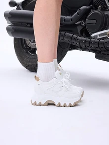 DareSee 2025秋冬新款短款增高女鞋，厚底运动鞋，坡跟鞋，白色百搭女士系带休闲运动鞋 - 白色 - 查看 5