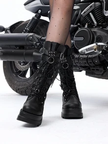 DareSee Stylish Thick-Soled Platform Boots With Rivets Music Fest - Black - View 2