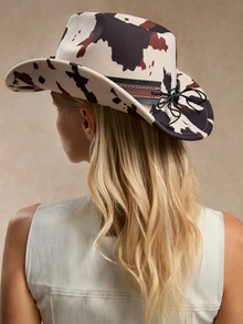 Tropiscape 1pc Unisex Polyester Cow Print Cowboy Hat - Leather Rivet & Cow Skull Accent, Ideal For Riding, Outdoor Trips, Cowboy Parties & Daily Wear Cottagecore,SummerOutfit - Multicolor - View 5