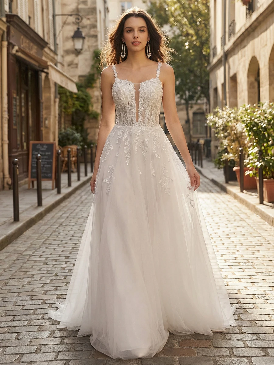 Elegante vestido de gala largo, vestido de novia con mangas largas, cuello redondo, tela de malla, aplicaciones y bordados florales, vestido de novia romántico con cierre de cremallera para primavera
