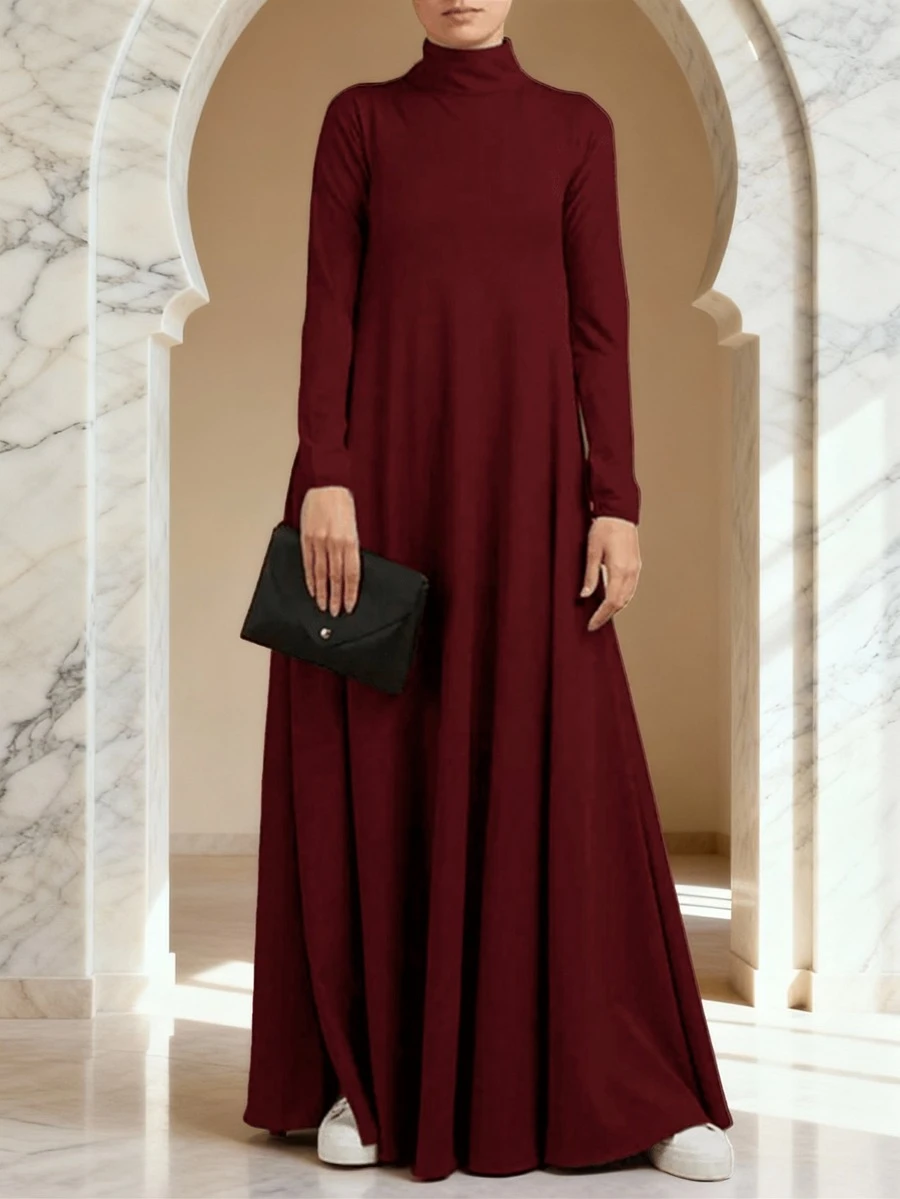 High Neck Long Sleeve Casual Loose Solid Color Dress - Burgundy - View 1