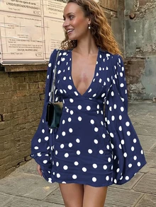 2026 Elegant Polka Dot Mini Wrap Dress For Women, V-Neck, Long Sleeve, Casual Chic, Woven Fabric - Royal Blue - View 3