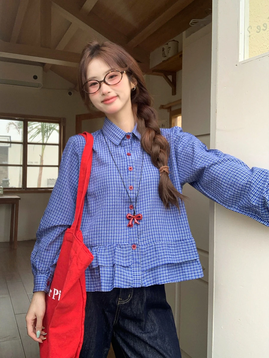 Áo sơ mi nữ thu đông màu xanh kẻ caro viền bèo phối nhiều mảnh, trang phục thường ngày đi chơi và đi làm, áo tay dài, áo croptop mùa xuân - Màu xanh lam - Xem 1