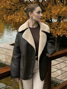 TRAFZA Women's Faux Sherpa Fleece Jacket, Casual Soft Suede Loose Warm Outerwear For Autumn/Winter - Coffee Brown - View 2