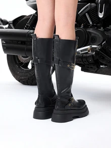 DareSee 西部风格搭扣假日复古英伦厚跟高筒女靴，2025秋冬新款，修身骑马靴，派对音乐节 - 黑色 - 查看 5