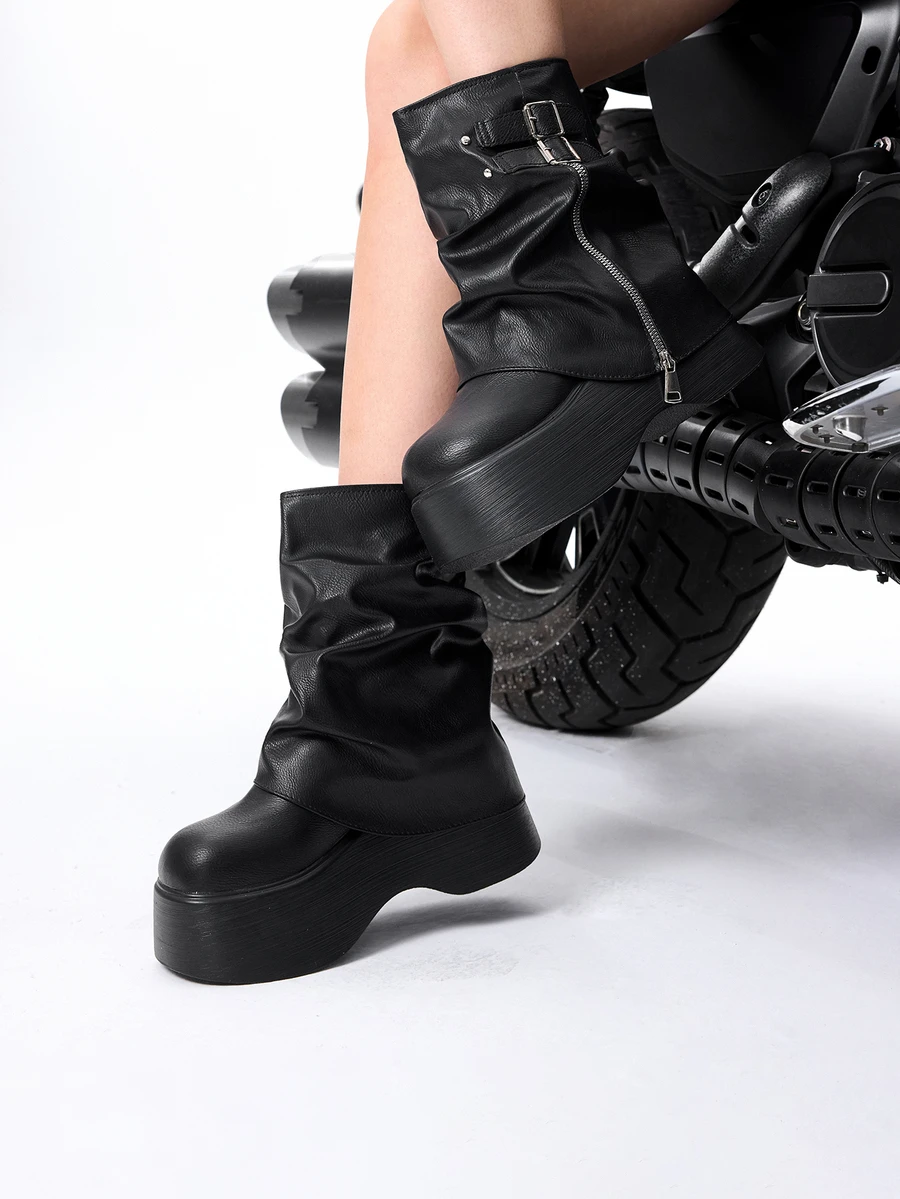 DareSee Women's Thick Sole Lace-Up Boots, Black Platform Ankle Boots With Buckle Strap, Autumn New Style Winter Gifts - Black - View 1