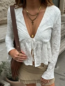 Women's V-Neck Tie Front Long Sleeve Cutout Blouse - White - View 1