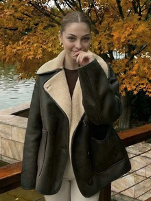 TRAFZA Women's Faux Sherpa Fleece Jacket, Casual Soft Suede Loose Warm Outerwear For Autumn/Winter - Coffee Brown - View 3