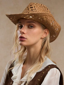 Tropiscape 1pc Unisex Gemstone Decor Western Cowboy Hat, Hollow Print Straw Hat, Spring/Summer Travel Sun Beach Hat, Casual Sun Hat (After Receiving The Product, If The Brim Is Deformed, It Needs To Be Manually Adjusted Back) - Western Cowboy Hat - View 1