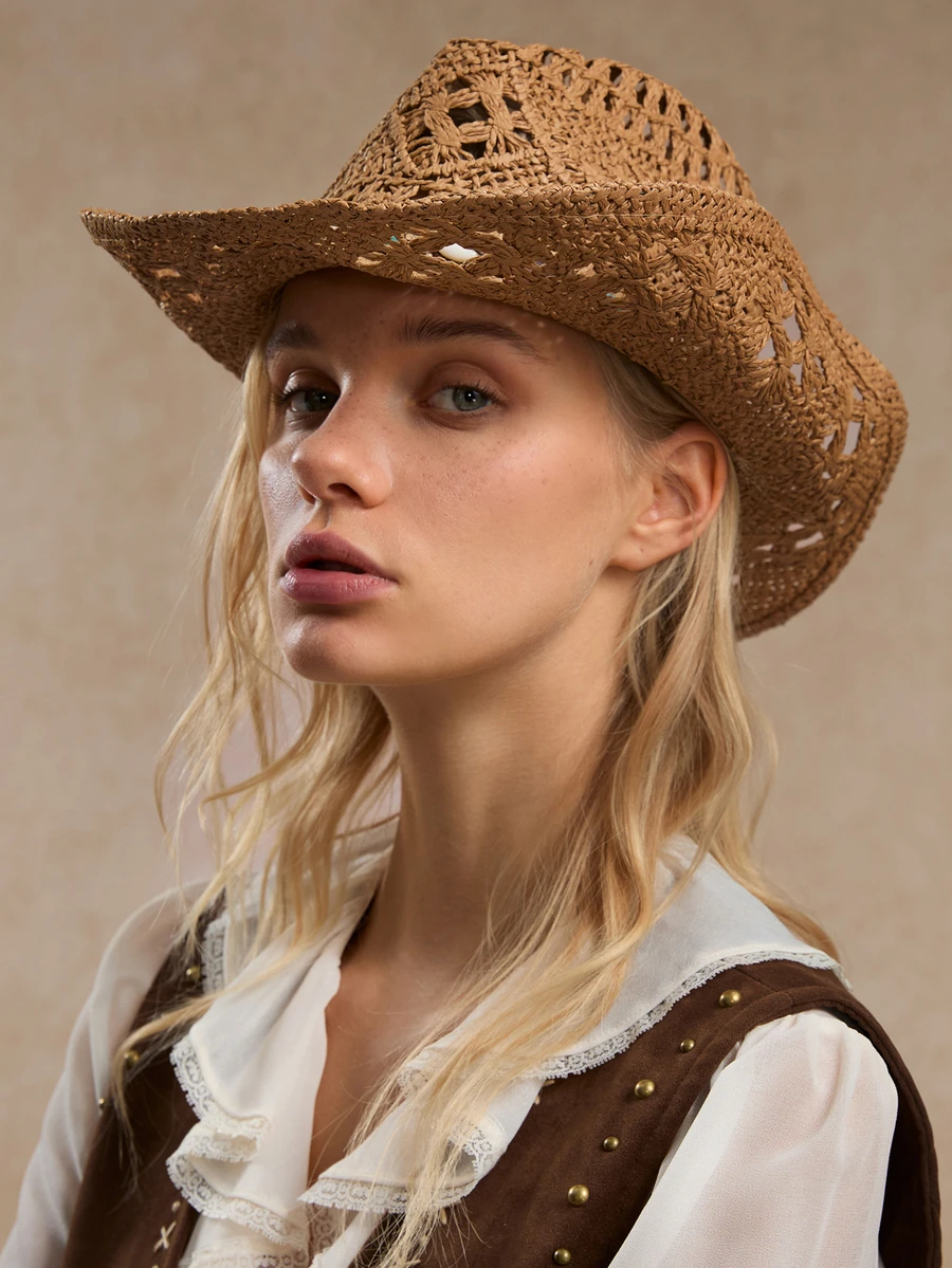 Tropiscape 1pc Unisex Gemstone Decor Western Cowboy Hat, Hollow Print Straw Hat, Spring/Summer Travel Sun Beach Hat, Casual Sun Hat (After Receiving The Product, If The Brim Is Deformed, It Needs To Be Manually Adjusted Back) - Western Cowboy Hat - View 1