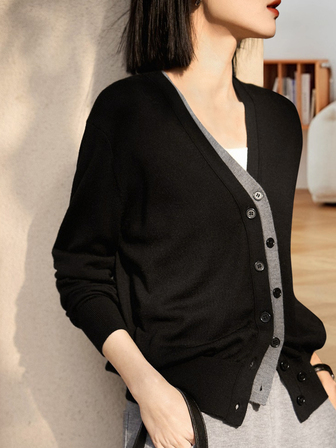 2-In-1 Contrast Color Patchwork Knit Cardigan, Women's New Autumn/Winter Sweater, Long Sleeve Top, Korean Style, Can Be Worn As Inner Layer Or Outerwear, Essential For Christmas And New Year, Women Jacket