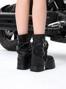 DareSee Women's Thick Sole Lace-Up Boots, Black Platform Ankle Boots With Buckle Strap, Autumn New Style Winter Gifts - Black - View 2