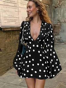 Đầm chấm bi thanh lịch năm 2026 dành cho nữ, đầm ngắn tay dài cổ chữ V thắt eo gợi cảm, đầm dự tiệc thường ngày sang trọng màu đen, đầm nghỉ mát mùa xuân. - màu đen - Xem 4