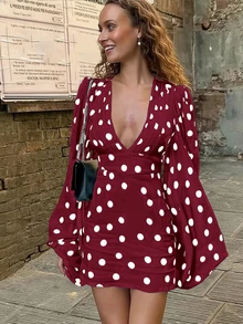 2026 Elegant Lady's Dress For Valentine's Day, Wine Red Fashionable Graceful Sexy Polka Dot Mini Belted Dress, Deep V-Neck, Long Sleeve, Elegant Casual, Woven Fabric - Burgundy - View 4
