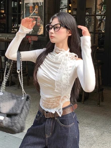 女士休闲露肩蕾丝拼布系带长袖上衣，适合冬季、圣诞节、春节、新年 - 白色 - 查看 2