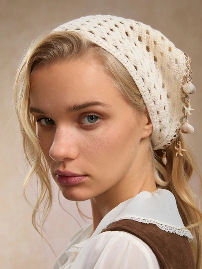 Tropiscape 1pc Women Bandana Beige Seashell & Starfish Crochet Hollow Out Tasseled Headband, Summer Bohemian Hair Accessories, Suitable For Daily Wear, Sports, Beach, & Holiday Matching Fashion Head Wrap Casual Hair Bands, Headscarf Fall Winter For Vacation Outfits Woman