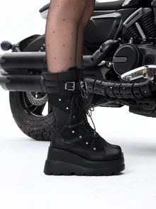 DareSee Stylish Thick-Soled Platform Boots With Rivets Music Fest - Black - View 4