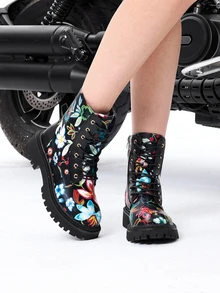 DareSee Botas de media pantorrilla con puntera redonda, cordones y cremallera lateral, tacón grueso, estilo deportivo punk, adecuadas para exteriores, hogar, festivales, otoño/invierno, nuevo material de PU suave, versátil y cómodo, con tacón plano/alto y estampado floral aleatorio, para festivales de música - Rojo - Ver 1