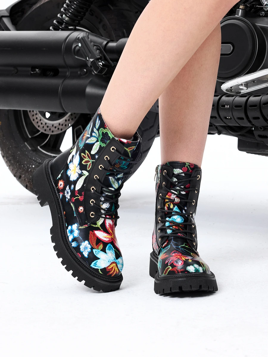 DareSee Botas de media pantorrilla con puntera redonda, cordones y cremallera lateral, tacón grueso, estilo deportivo punk, adecuadas para exteriores, hogar, festivales, otoño/invierno, nuevo material de PU suave, versátil y cómodo, con tacón plano/alto y estampado floral aleatorio, para festivales de música - Rojo - Ver 1