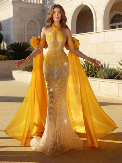 Une robe de soirée élégante et de luxe en or Astony, avec un design dos nu sexy, une silhouette ajustée, des accents de sequins scintillants et de broderie de perles, une ourlet de sirène en mousseline fluide. Idéale pour le carnaval, le Nouvel An, un gala de luxe, la Saint-Valentin, un anniversaire, des fiançailles, un événement de marque, une cérémonie de remise des diplômes, une occasion sur le tapis rouge