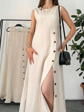 Kvinnor enfärgad rund hals ärmlös sida enkelknäppt casual klänning