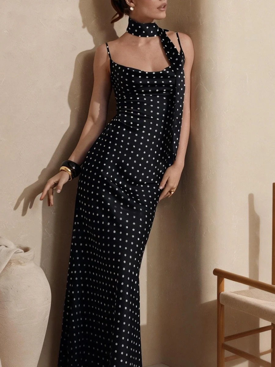 Elegant Women's Sleeveless Polka Dot Dress, Spaghetti Strap Backless Design, Draped Details, Long Pencil Dress, Suitable For Party Wear Black Summer - Black - View 1
