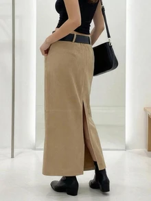 鹿皮绒开衩长裙，配黑色腰带，休闲通勤时尚半身裙 - 杏色 - 查看 3