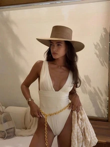 Nuovo costume da bagno elegante monospalla con arricciature e schiena scoperta, di colore unito, adatto per donna, spiaggia, festa in piscina, vacanza estiva bianca - Bianco - Visualizzare 1