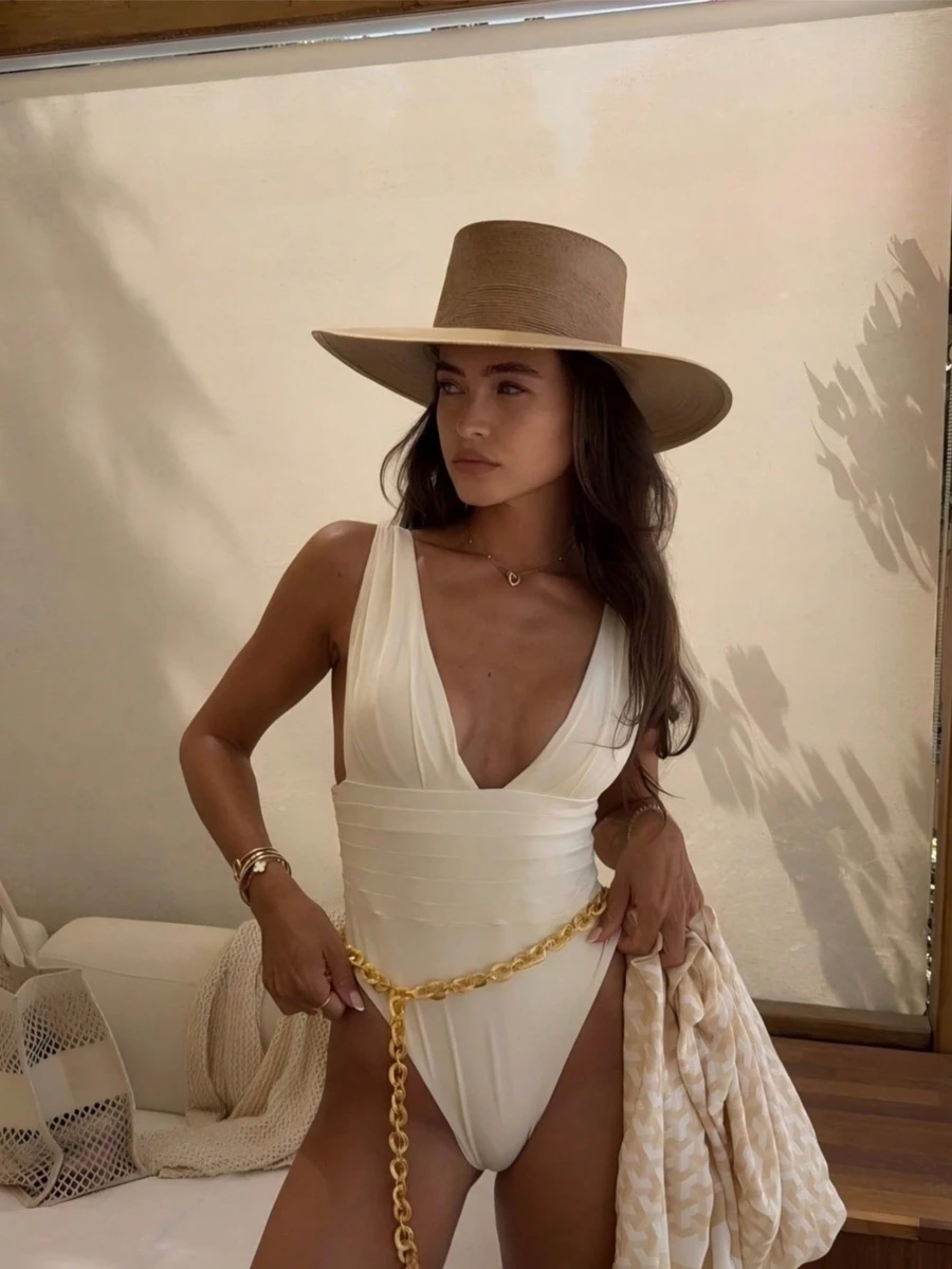 Nuovo costume da bagno elegante monospalla con arricciature e schiena scoperta, di colore unito, adatto per donna, spiaggia, festa in piscina, vacanza estiva bianca - Bianco - Visualizzare 1
