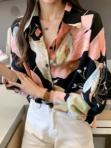 YUXIN Áo sơ mi nữ chất liệu satin in họa tiết nổi bật, cổ ve lật, cài cúc phía trước, tay dài, dáng rộng, có thể xắn lên, kiểu dáng retro thời trang, phù hợp cho mặc hàng ngày, đi làm, hẹn hò, tiệc năm mới và các dịp khác. - Màu Hồng  Dưa hấu - Xem 3