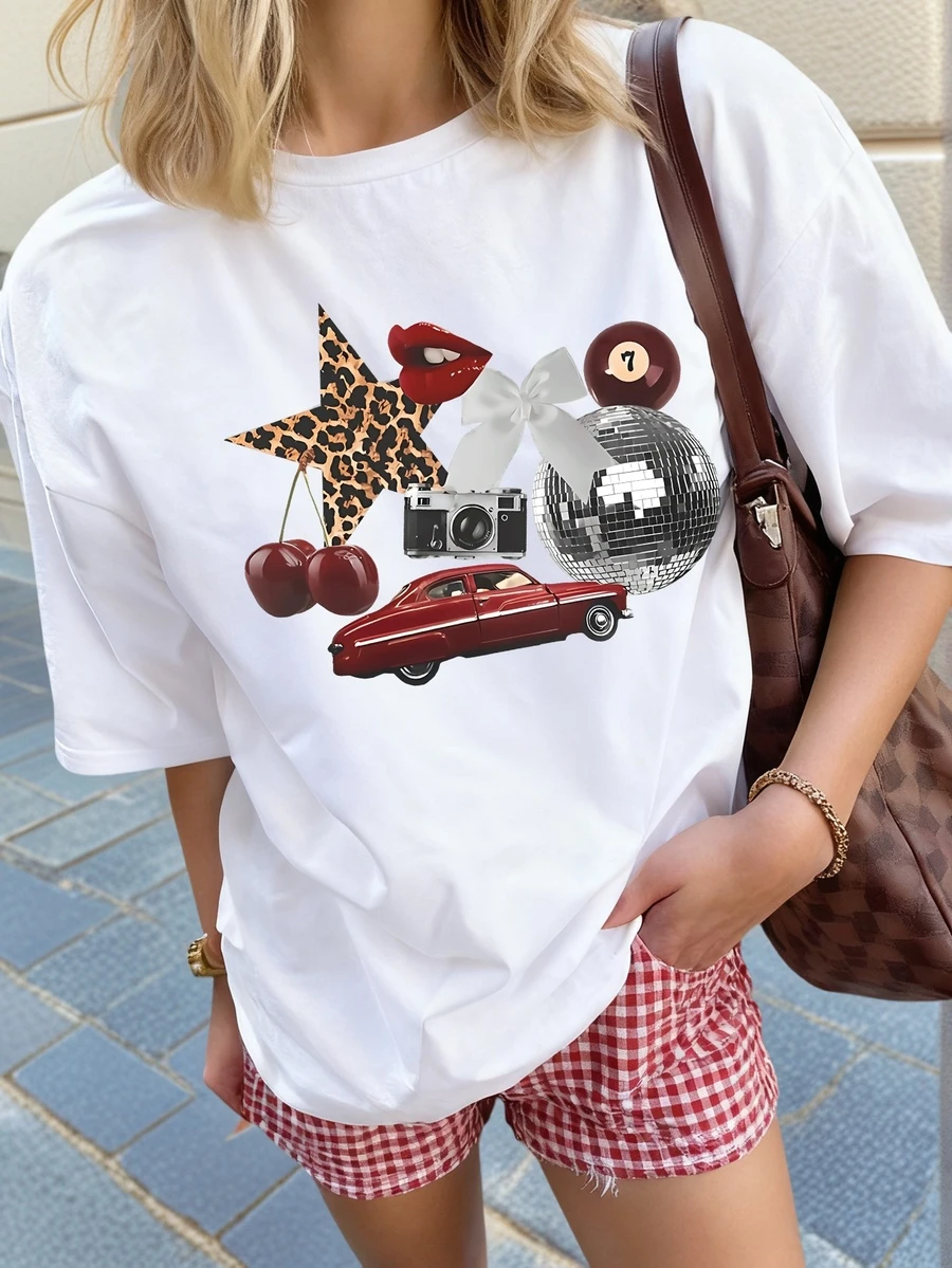 女士复古汽车主题圆领短袖T恤，饰有迪斯科球和樱桃图案，休闲风格，适合日常穿着 - 白色 - 查看 1