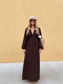 女士深V领A字长裙，休闲优雅嘉年华连衣裙，波西米亚露背设计，无弹力梭织面料飘逸连衣裙，春夏款 - 咖啡 - 查看 2