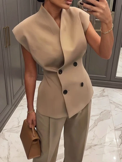 Elegante conjunto de traje de oficina de 2 piezas, chaleco y blazer, estilo vintage para uso diario y casual en la oficina