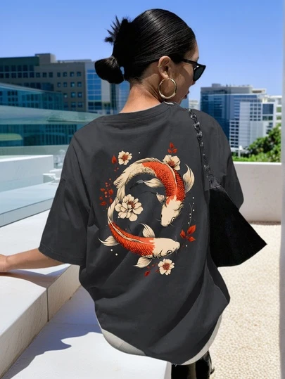 女士夏季圆领短袖T恤，雪山樱花图案，休闲日系百搭上衣，适合日常穿着