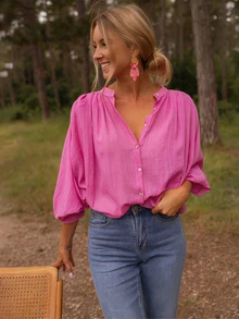 Women's Elegant Light Ruffle Sleeve Button Down Blouse, Spring Summer Loose Casual Chiffon Shirt With Pleated Bell Sleeves, Polyester Fabric, Classic Collar Design - Rose Red - View 1