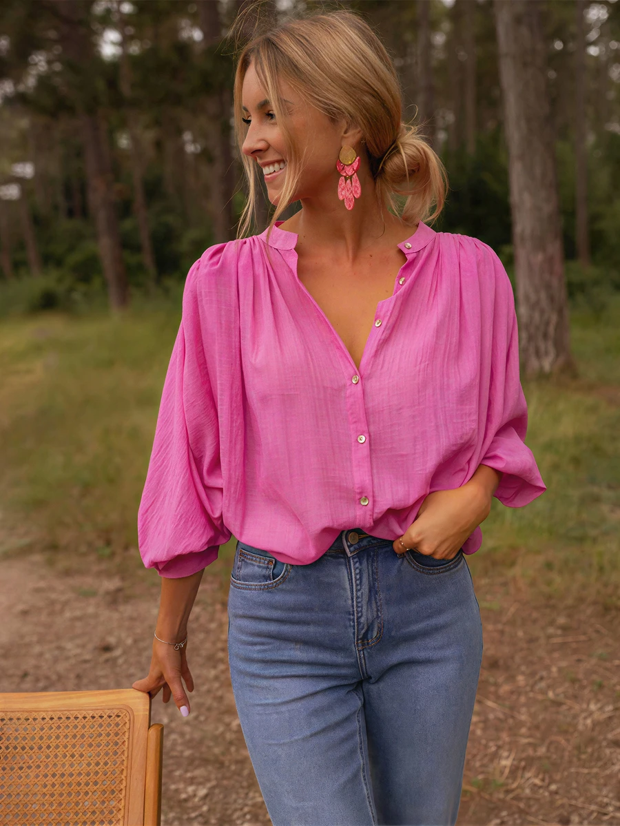 Women's Elegant Light Ruffle Sleeve Button Down Blouse, Spring Summer Loose Casual Chiffon Shirt With Pleated Bell Sleeves, Polyester Fabric, Classic Collar Design - Rose Red - View 1